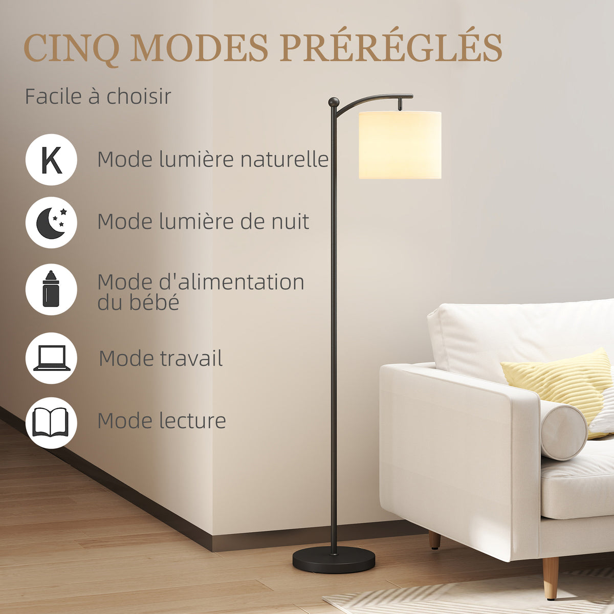 Lampadaire dimmable 2 températures de couleur avec télécommande, minuterie de 60 minutes, 160 cm, noir