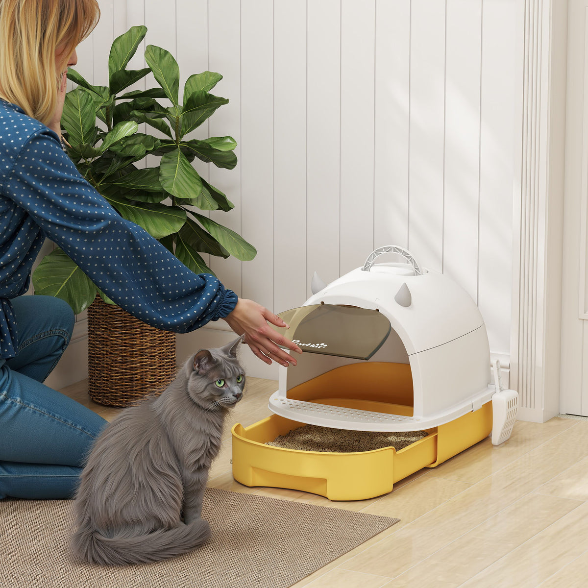 Maison de toilette pour chat bac à litière fermé chat poignée de transport porte translucide 40,5 x 52 x 39 cm jaune