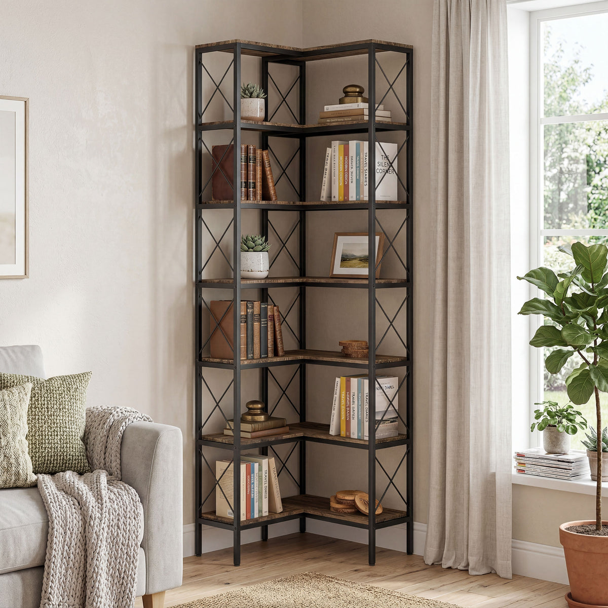 Bibliothèque d'angle à 6 niveaux, meuble de rangement en métal pour salon, chambre, bureau, 60x60x200cm, brun rustique