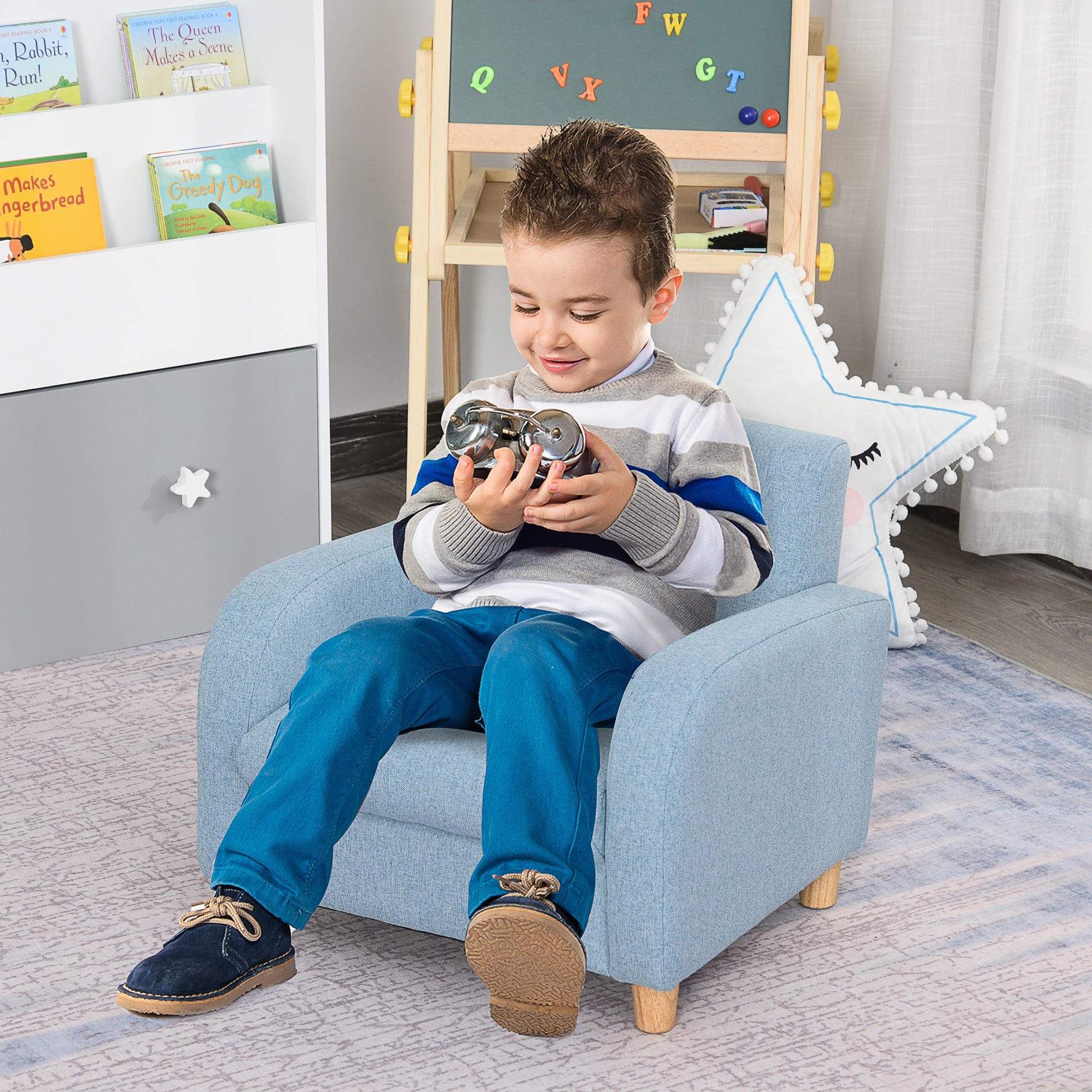 Fauteuil Enfant Design scandinave accoudoirs Assise Dossier garnissage Mousse piètement Bois Caoutchouc Lin Bleu