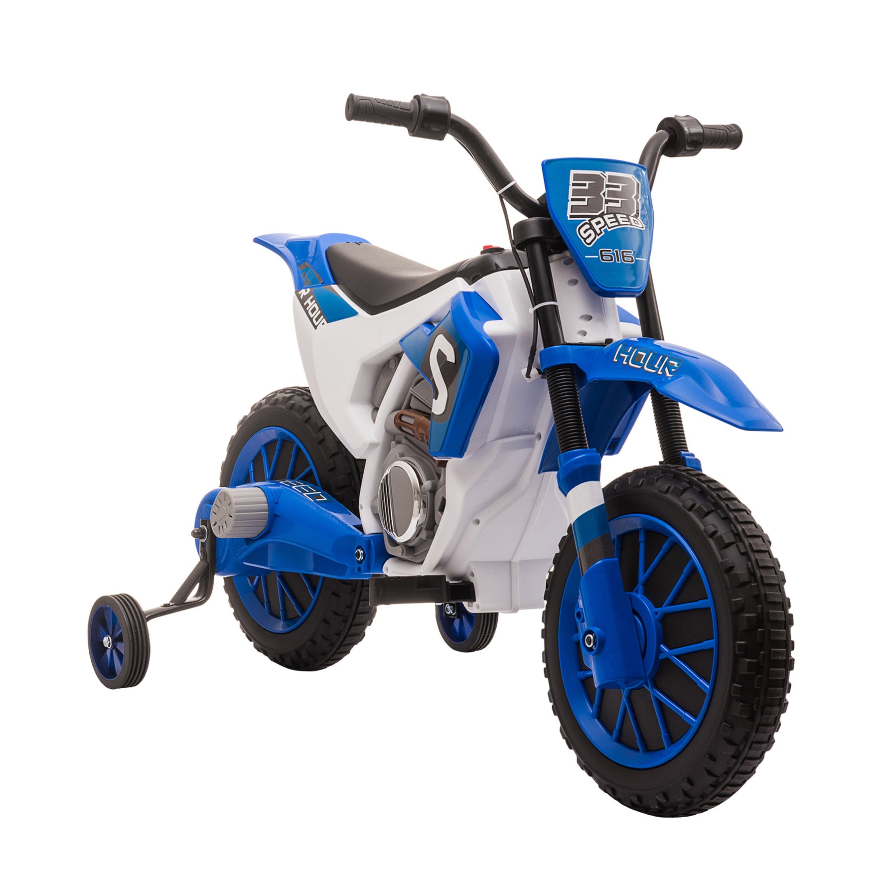 Moto Cross électrique Enfant 3 à 5 Ans 12 V 3-8 Km/h avec roulettes latérales Amovibles dim. 106,5L x 51,5l x 68H cm Bleu