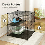 Cage Chat Intérieur Enclos Chat Modulable 2 Portes Hamac Échelle pour Petits Animaux de Compagnie 70x70x70cm Noir