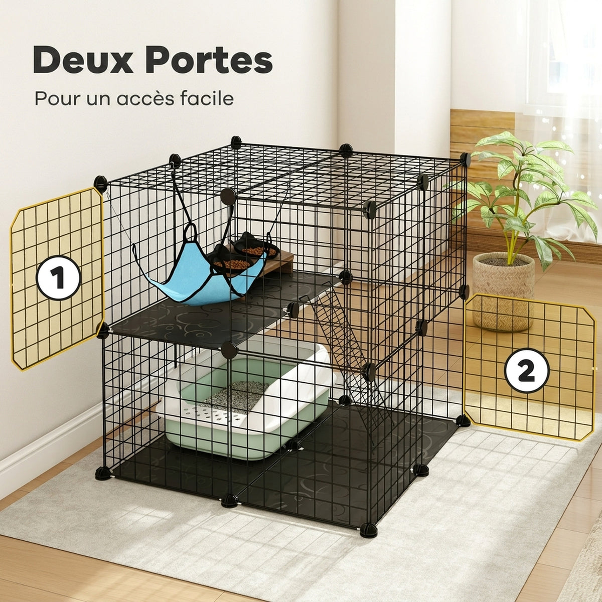 Cage Chat Intérieur Enclos Chat Modulable 2 Portes Hamac Échelle pour Petits Animaux de Compagnie 70x70x70cm Noir