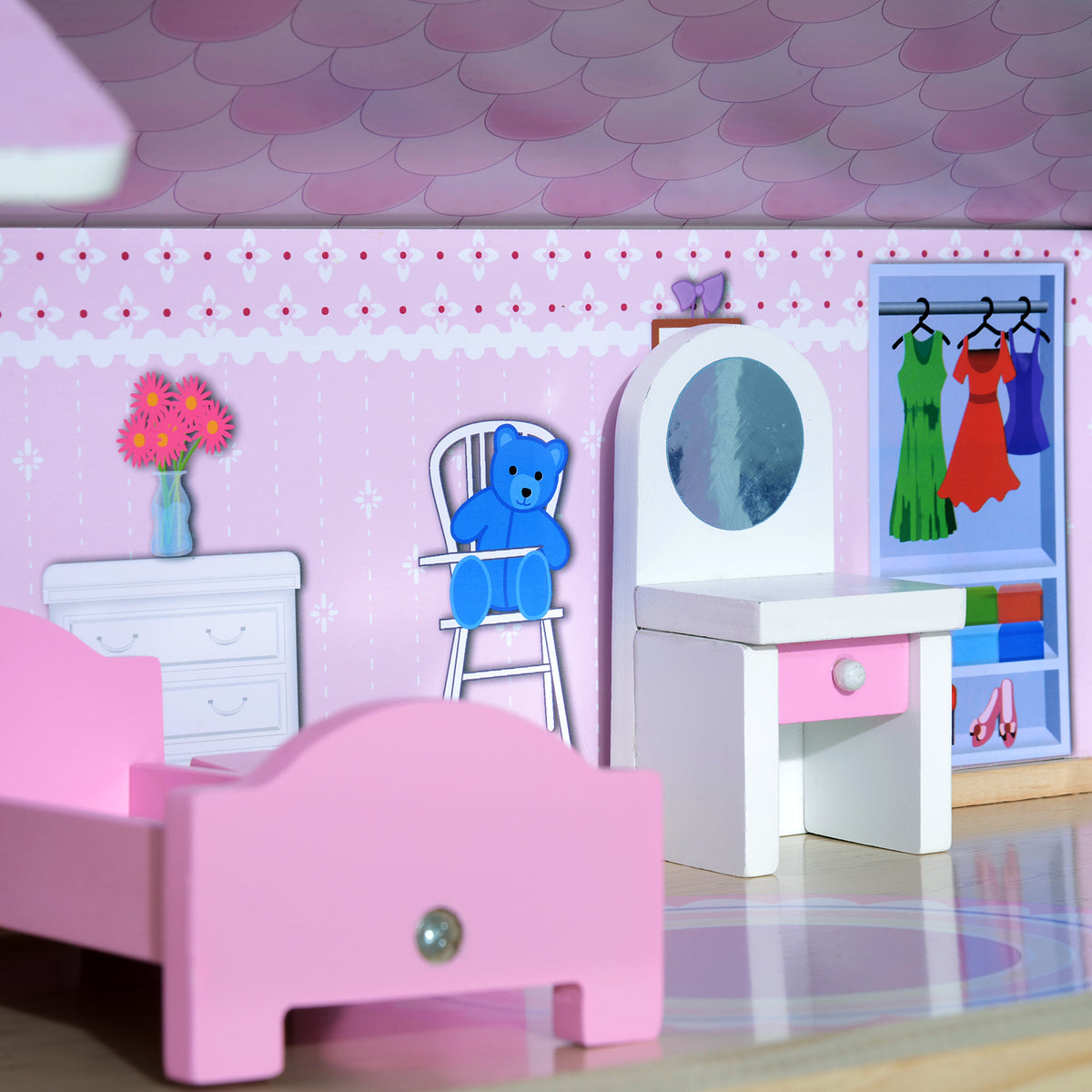 Maison de poupée en Bois Jeu d'imitation 4 Étages pour 3+ ans avec 13 Accessoires Grand réalisme Multi-équipement 60L x 30l x 80H cm Blanc et Rose
