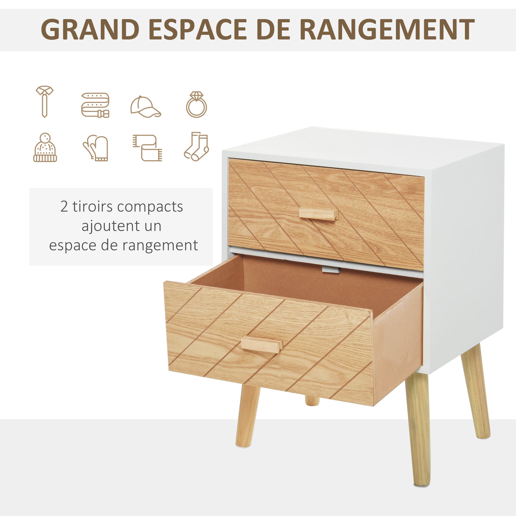 Table de chevet Chiffonnier Commode Meuble de Rangement avec 2 tiroirs Scandinave 40L x 30l x 56H cm en Bois