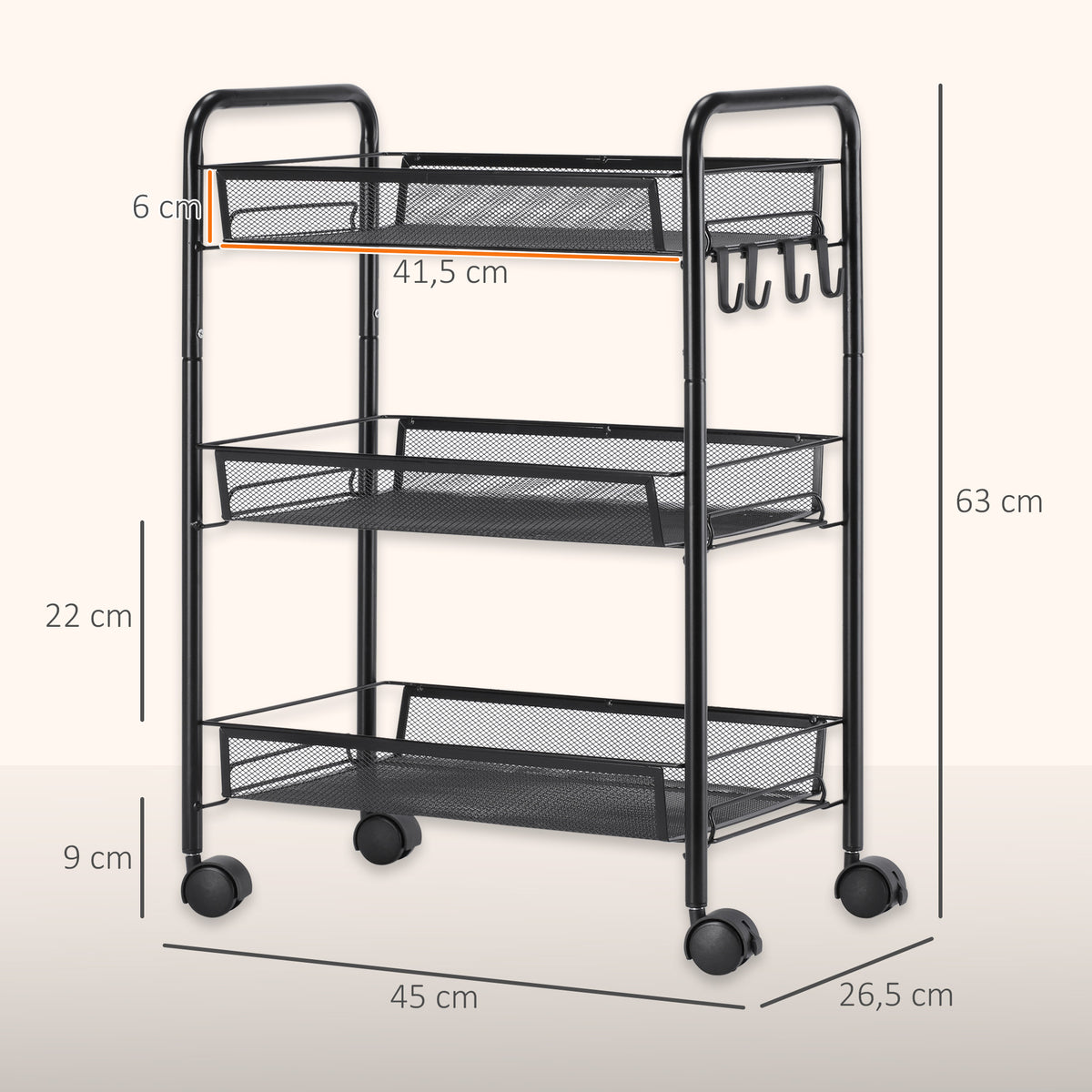 Chariot à 3 niveaux avec paniers desserte à roulettes chariot de rangement roulante 45 x 26,5 x 63 cm Noir