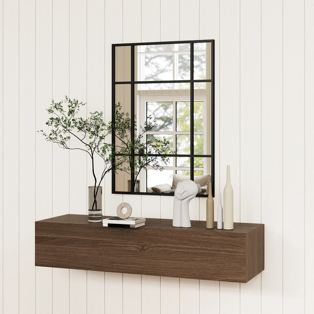 Miroir mural verrière rectangulaire style fenêtre, horizontal ou vertical avec 4 crochets, en métal noir - 50x70 cm