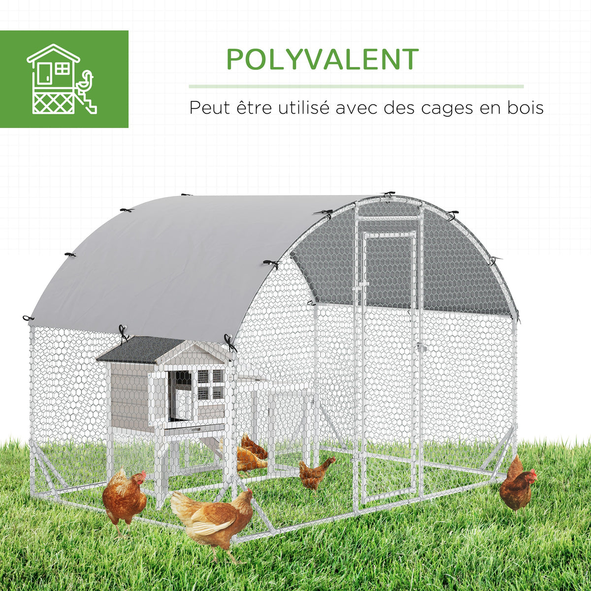 Grand enclos poulailler 5,32 ㎡ parc grillagé toit anti-UV porte verouillable 2,8 x 1,9 x 1,97 m argenté