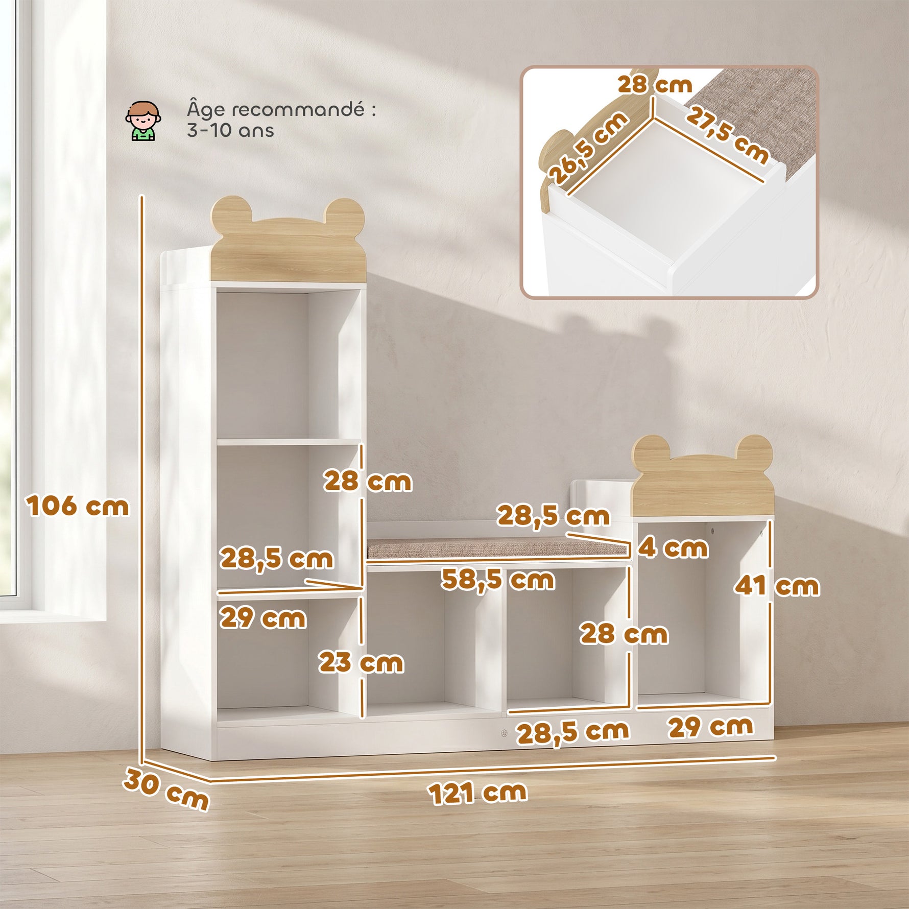 Bibliothèque Enfant, Meuble Rangement Enfant 3 en 1 avec Banc, 6 Compartiments, 2 Étagères, Coussin d'Assise, Blanc