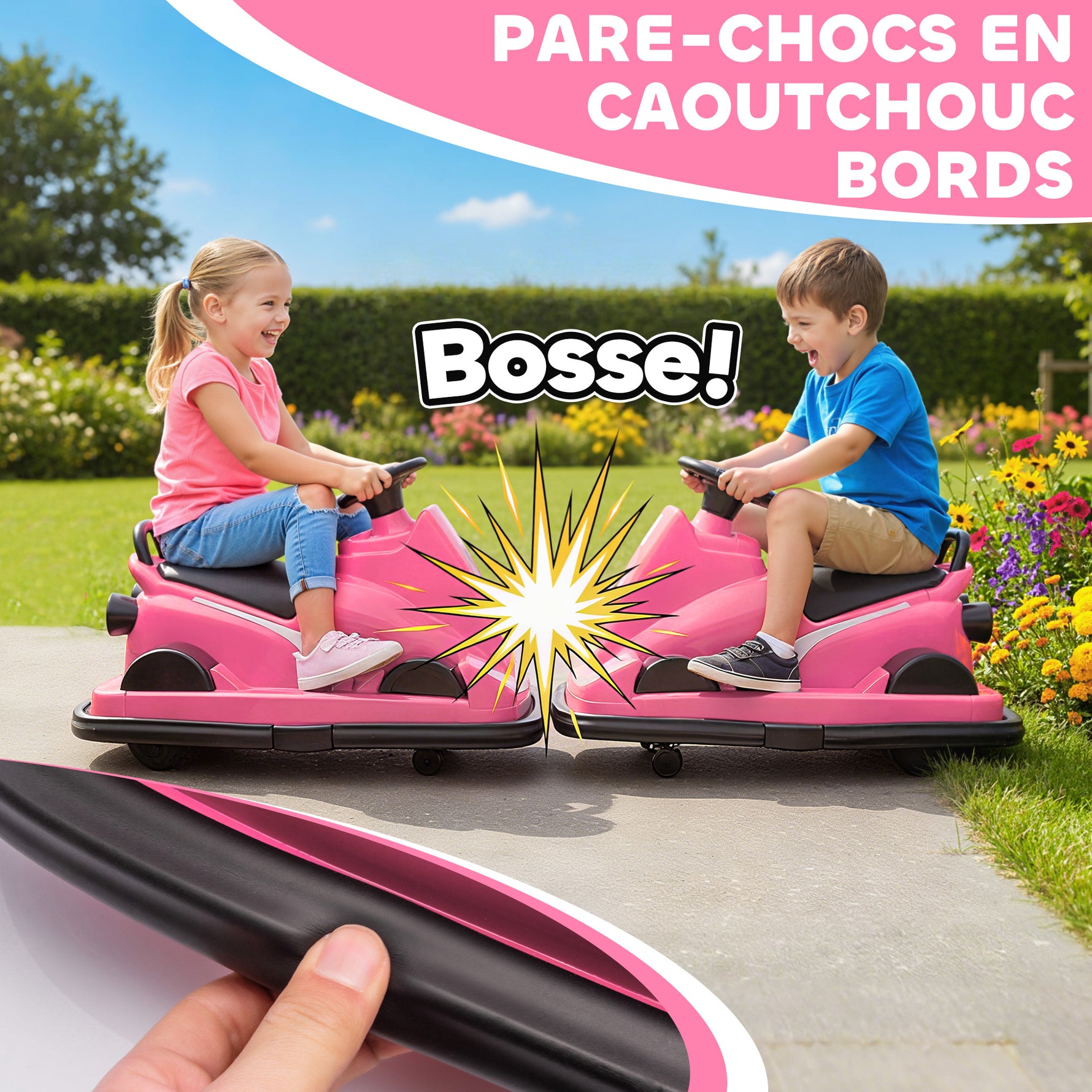 Auto-Tamponneuse Enfant 6V, Rotation à 360°, Musique, Klaxon, Démarrage Doux, 2,5 km/h, pour Âges 3-8, 74x53x48cm, Rose