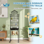 Cage à oiseaux sur pied, volière sur roulettes avec balançoire, support, design maison, 50,5 x 41 x 163 cm en acier noir