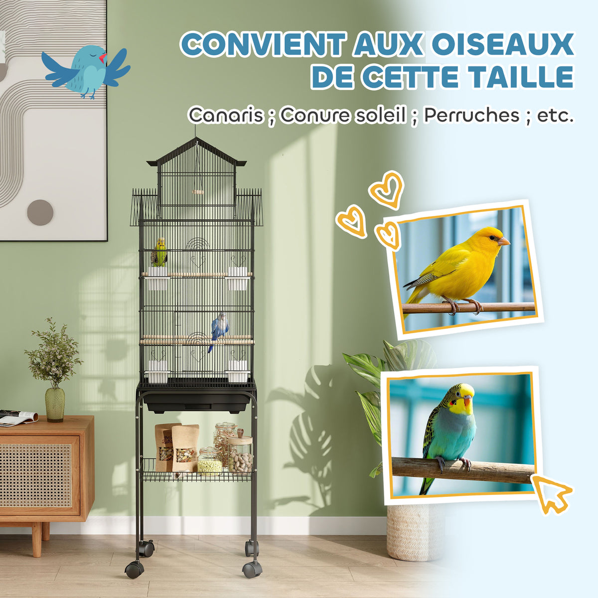 Cage à oiseaux sur pied, volière sur roulettes avec balançoire, support, design maison, 50,5 x 41 x 163 cm en acier noir
