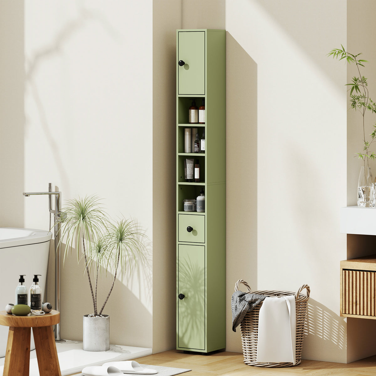 Tall bathroom storage cabinet, 1 drawer, 4 adjustable shelves and 2 cupboards, 20 x 20 x 180 cm, green