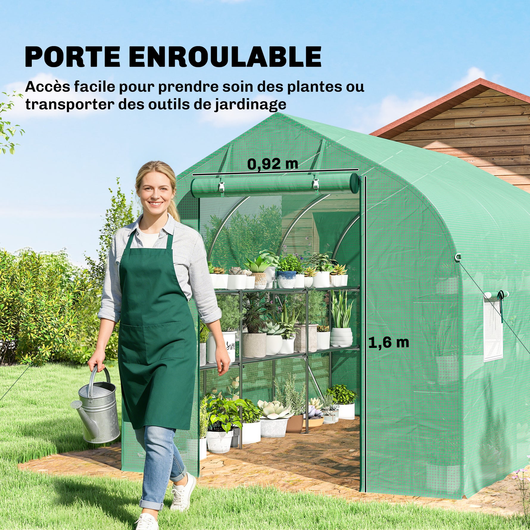 Serre tunnel de jardin 6m², serre de jardin avec étagères, porte et 6 fenêtres, cadre en acier galvanisé, vert