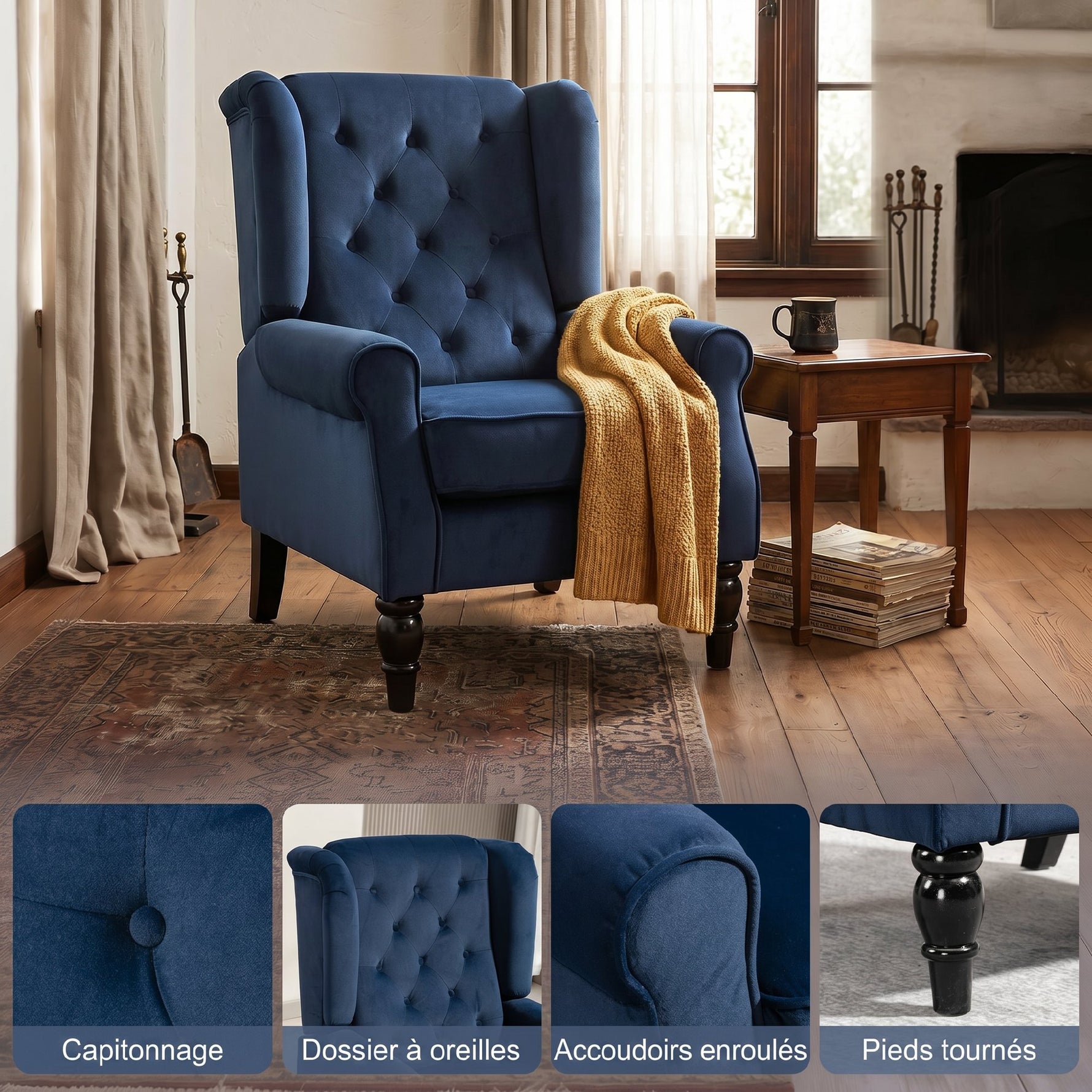 Fauteuil de salon capitonné avec assise large, pieds en bois, style classique, grand confort, 74x86x102cm, bleu foncé