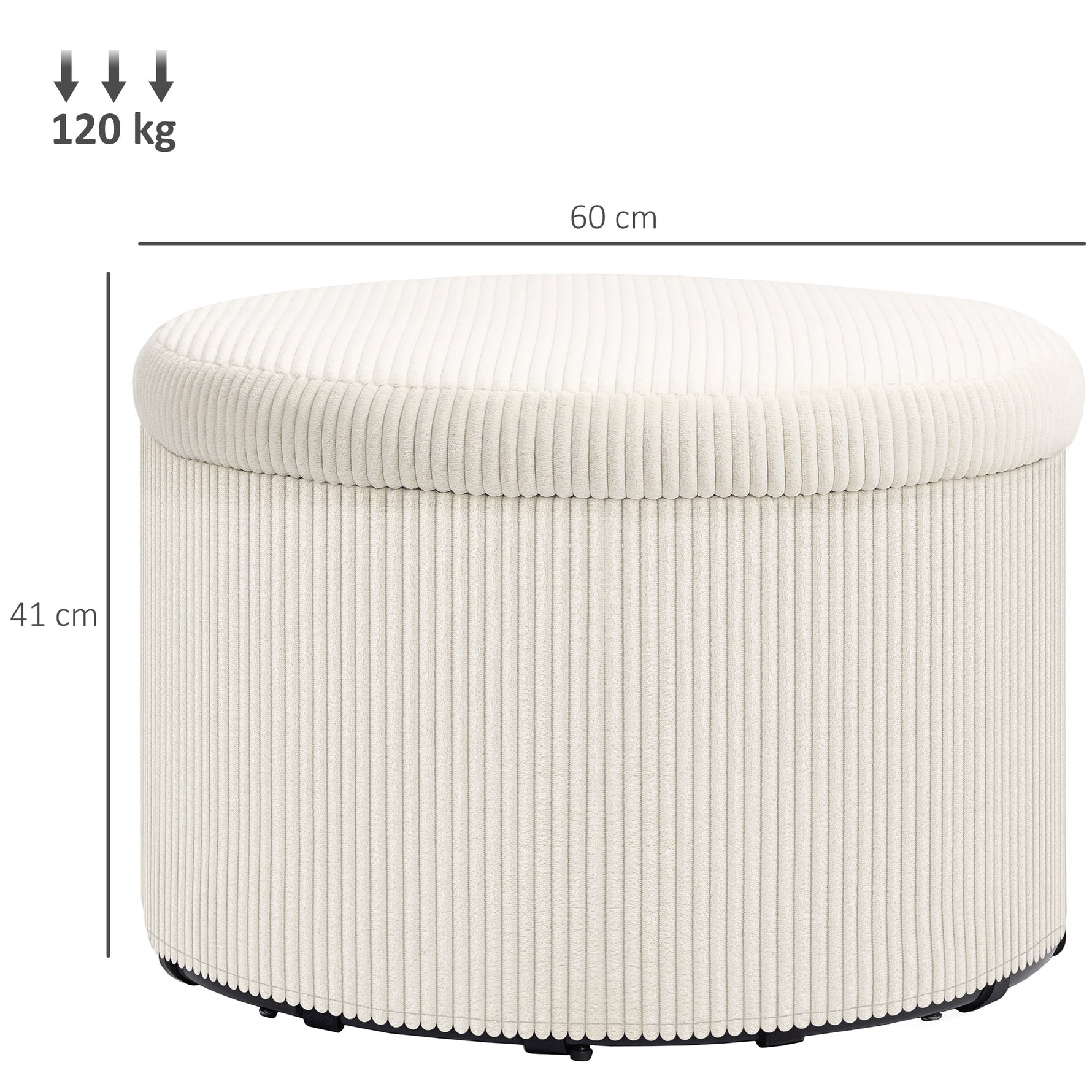 Pouf coffre rangement, tabouret rond, pouf repose-pieds en velours côtelé, charge 120 Kg, Ø 60 x 41 cm, beige
