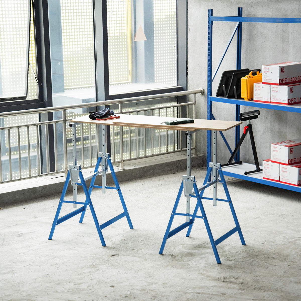 Lot de 2 Tréteaux Pliables Télescopiques Hauteur Réglable 80-130 cm Acier Bleu