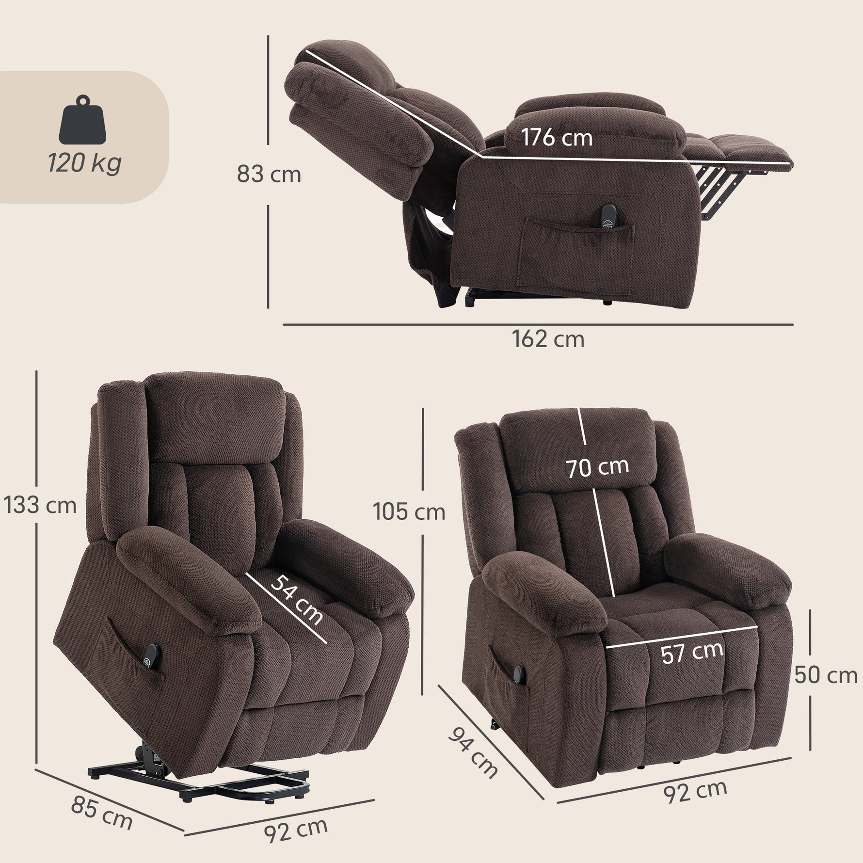 Fauteuil Releveur Électrique, Fauteuil Relax Électrique en Velours, Dossier Inclinable, Assise Large, Port USB, Marron