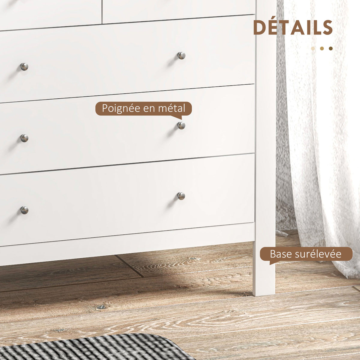 Commode à 5 tiroirs, meuble de rangement, avec poignées, glissières métalliques,  en bois, 79l x 39,5P x 80,5H cm, blanc