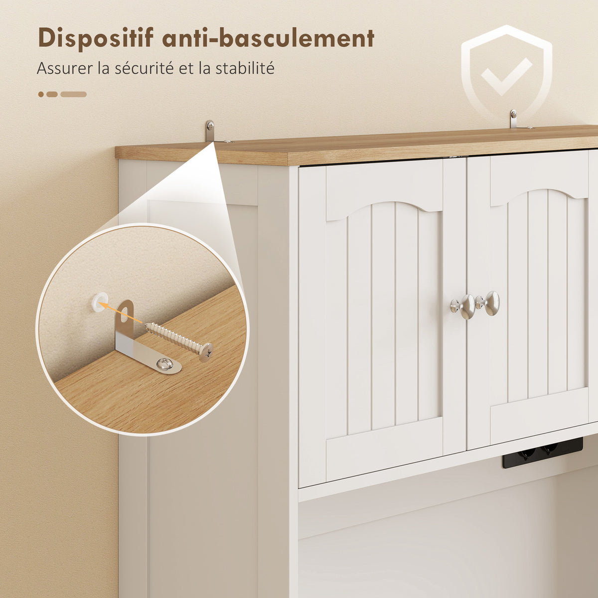 Buffet haut cuisine, armoire de cuisine, station de charge, 6 portes, plan de travail, porte-épices, 100x40x173cm, blanc