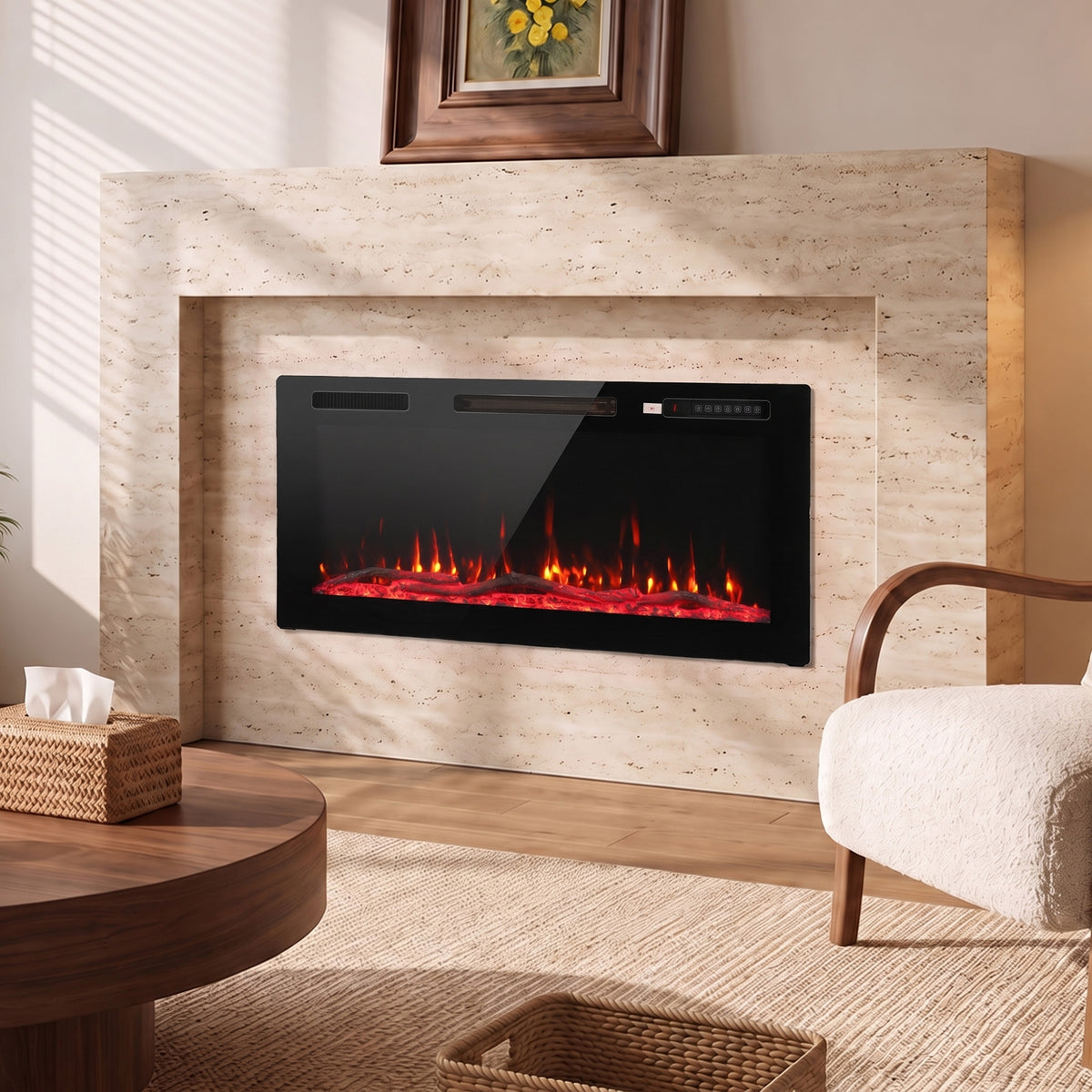 Elektrischer Kamin, einbaubar, wandmontierbar oder freistehend, 3-in-1, dekorativer Kamin, extra flach, 900W/1800W, 3D-Flammeneffekt, Schwarz