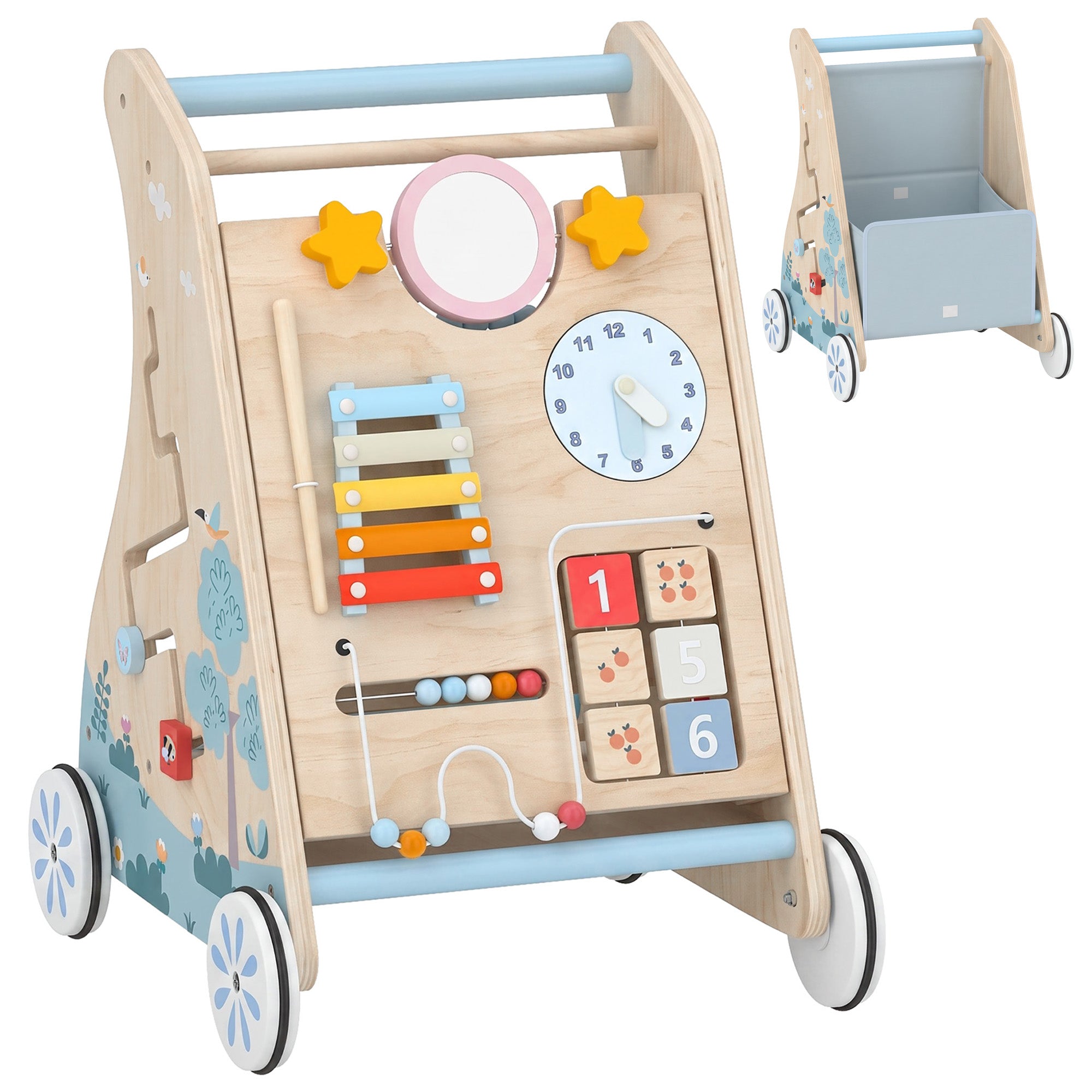 Wooden Baby Walker, Baby Push Along, Removable Double-Sided Activity Center, Storage Space, Natural
