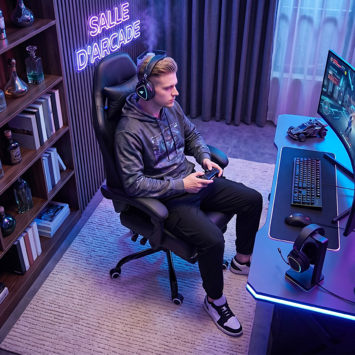 Ergonomische gamestoel, gamerstoel met masserende lendensteun, verstelbare rugleuning, in hoogte verstelbaar, zwart