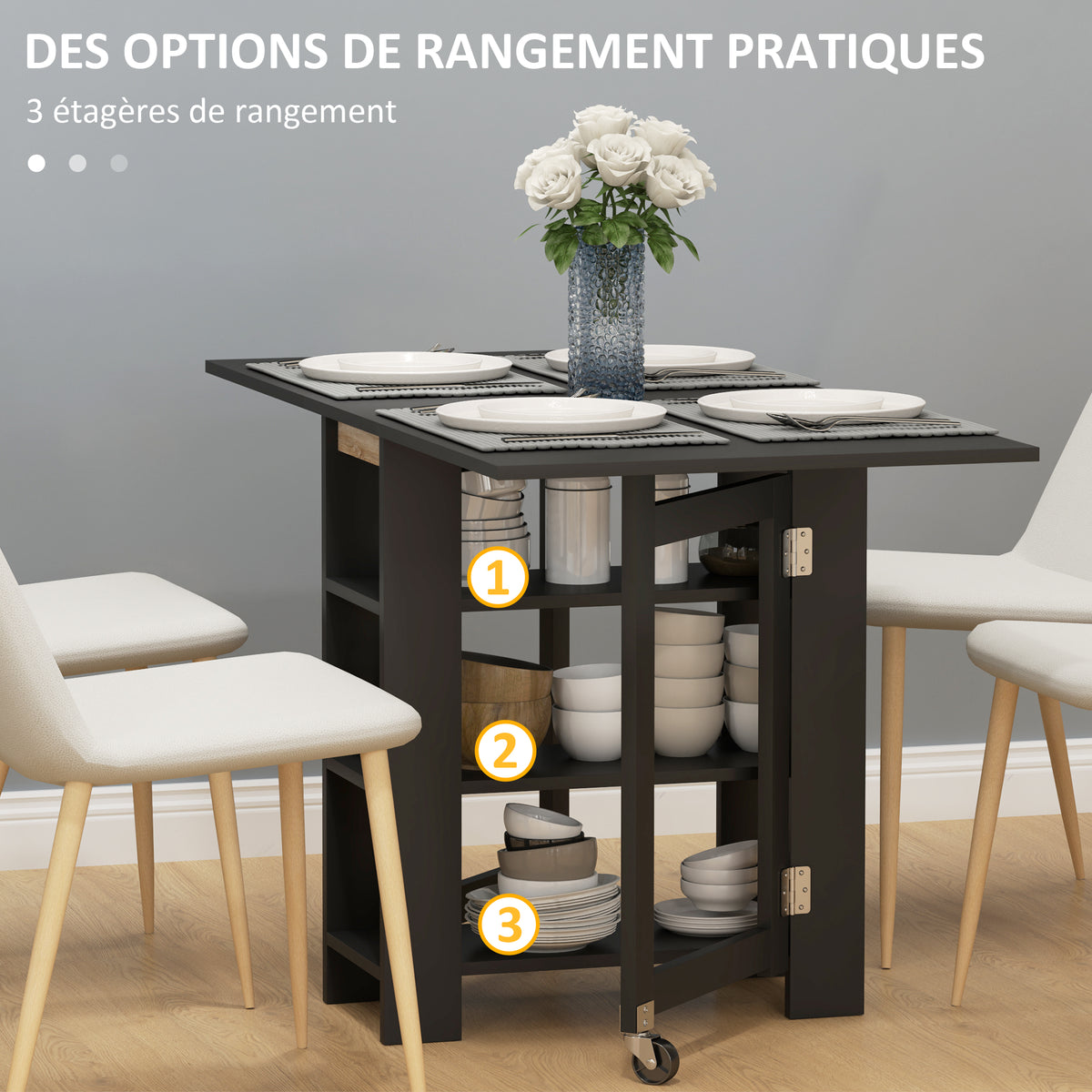 Table de cuisine table de salle à manger pliable amovible 3 étagères 2 abattants design moderne 120 x 60 x 75 cm noir