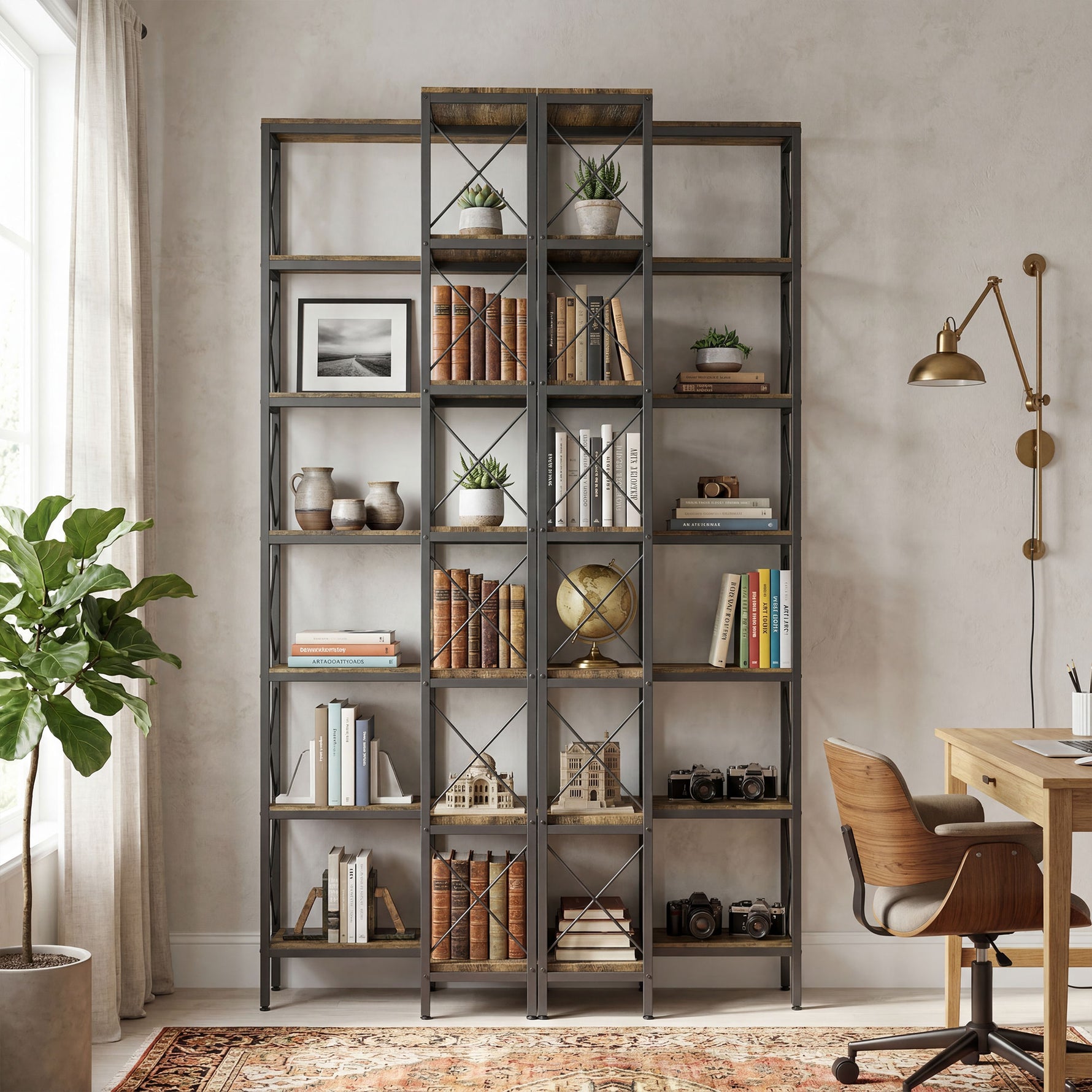 Bibliothèque d'angle à 6 niveaux, meuble de rangement en métal pour salon, chambre, bureau, 60x60x200cm, brun rustique