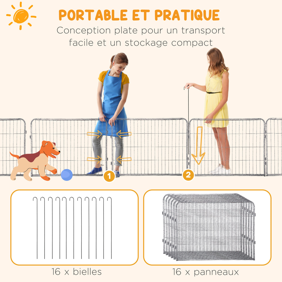 Parc pour chien, enclos chien 16 panneaux modulable et pliable, portable en acier avec portes 80 x 60 gris