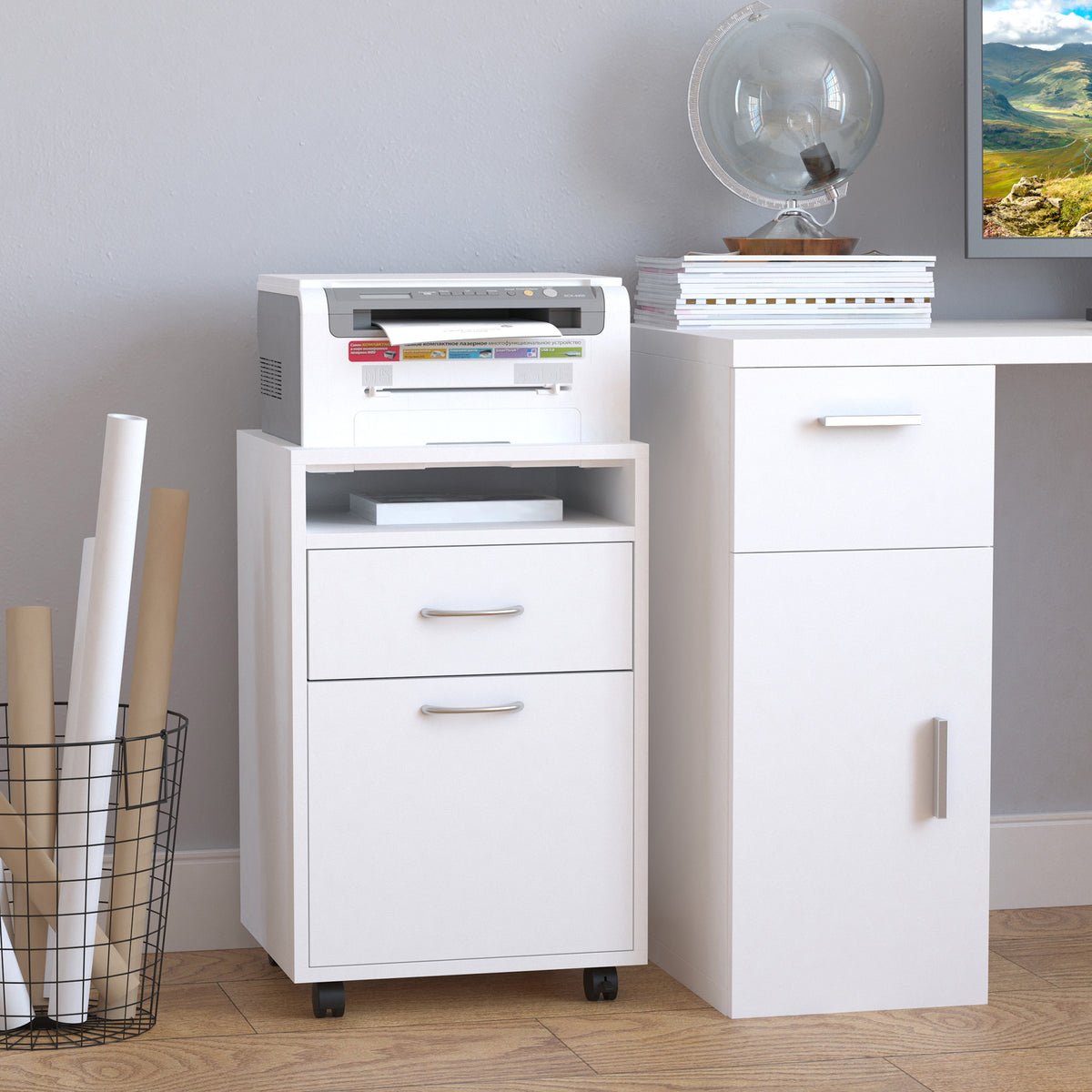 Caisson de bureau rangement bureau sur roulettes tiroir placard niche panneaux particules blanc