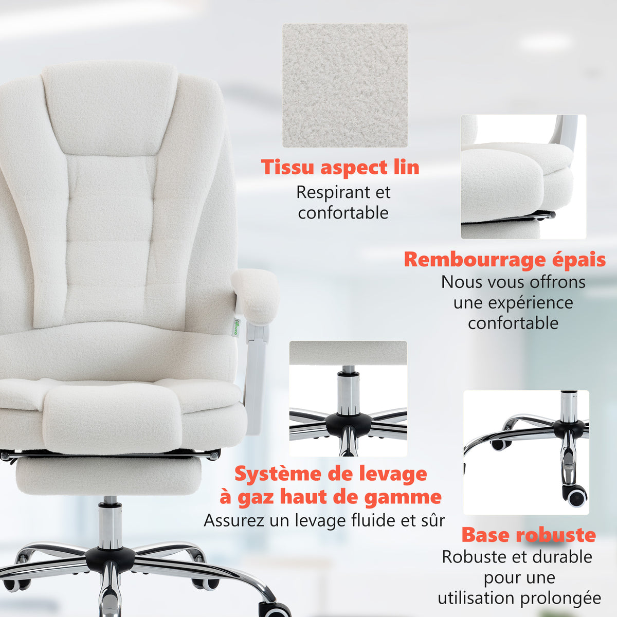 Fauteuil de bureau direction massant chauffant hauteur réglable dossier inclinable toile de lin blanc