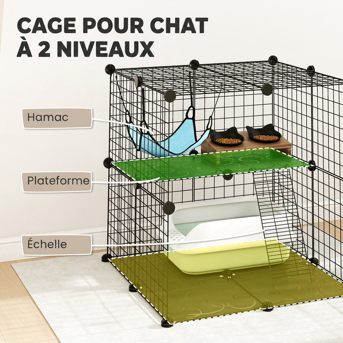 Cage Chat Intérieur Enclos Chat Modulable 2 Portes Hamac Échelle pour Petits Animaux de Compagnie 70x70x70cm Noir