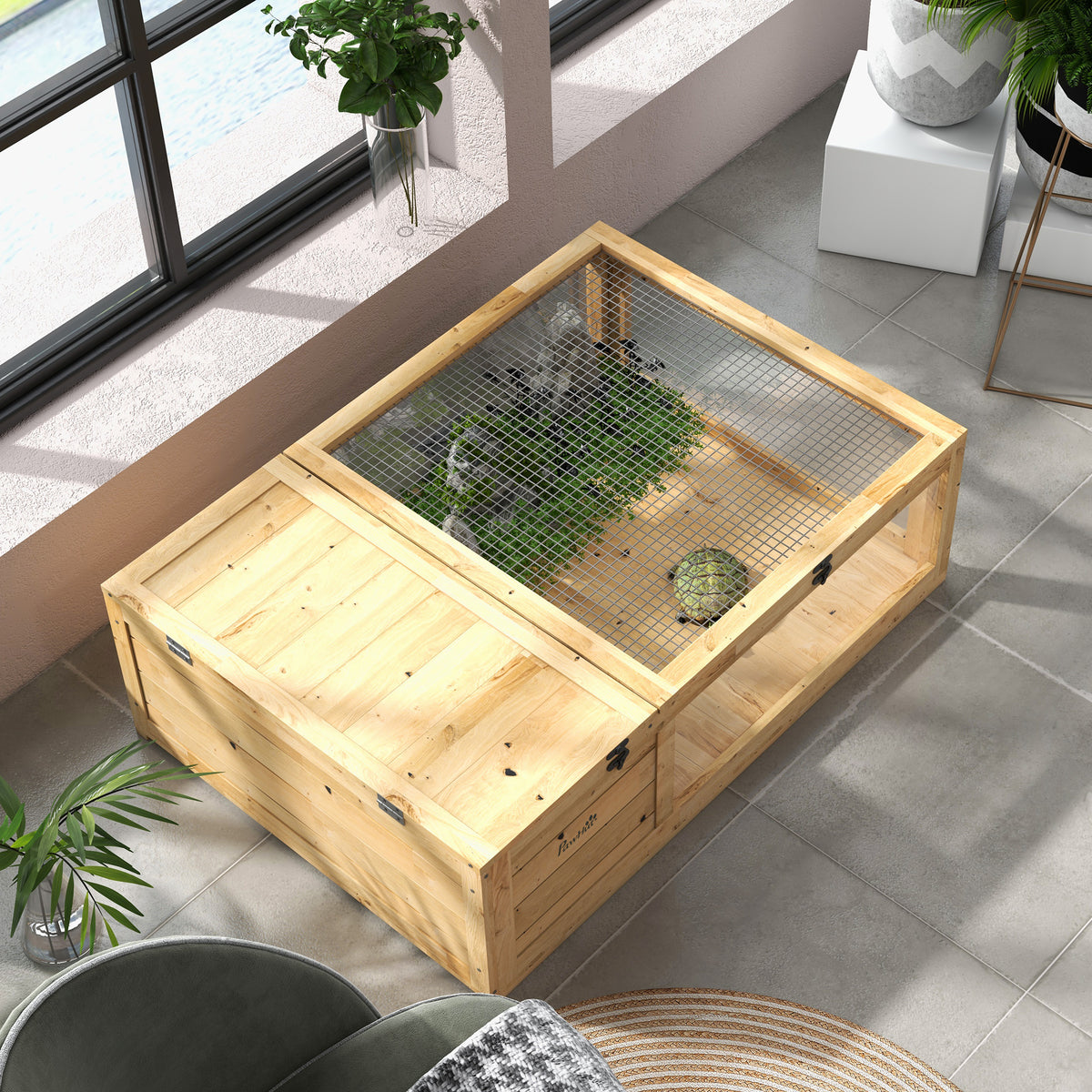 Maison enclos cage habitat pour petit animal tortues avec 2 espaces 91 x 60,5 x 32 cm bois massif jaune clair