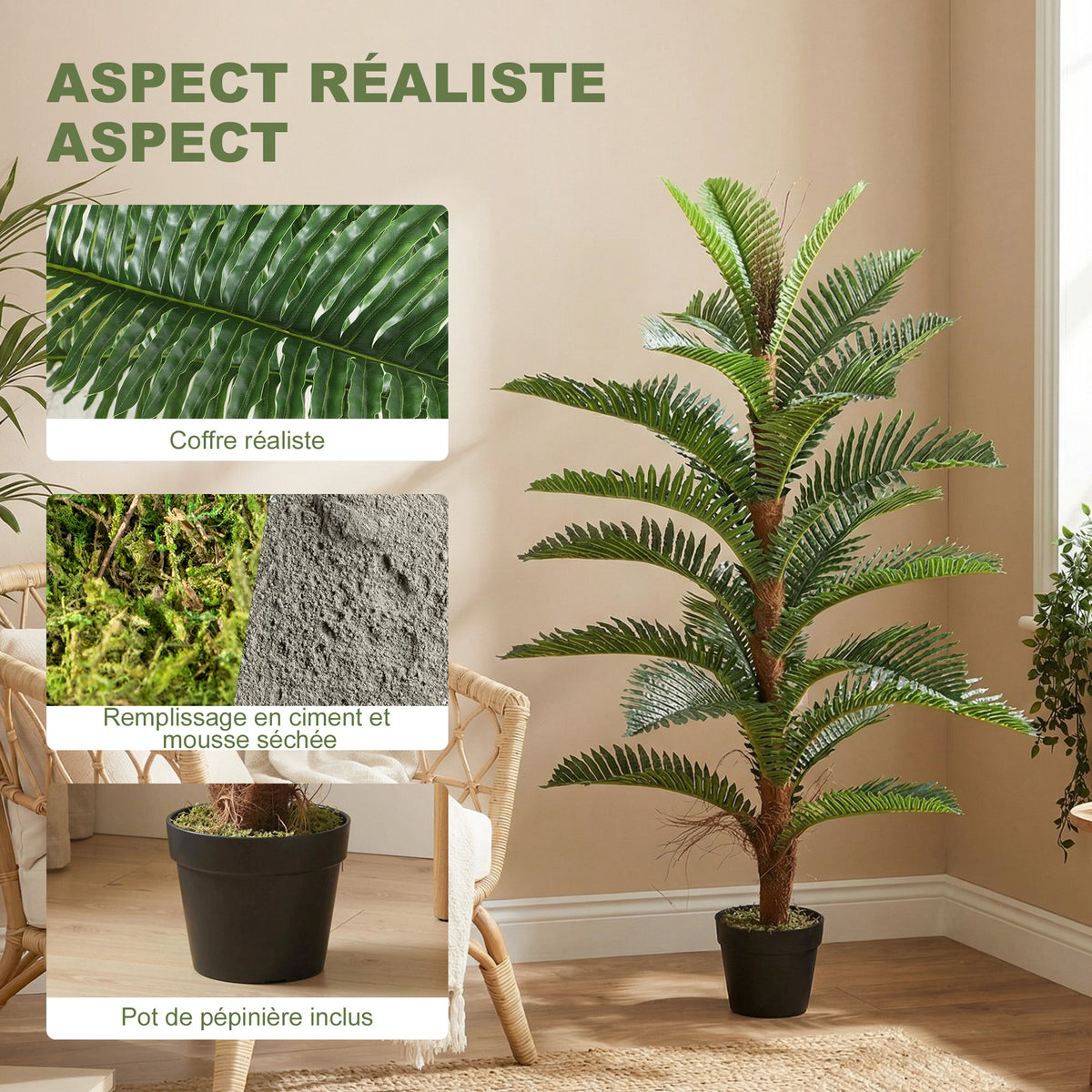 Palmier Artificiel palmier 120 cm avec 24 Feuilles en PEVA, Plante Décorative avec Pot en Plastique, Vert