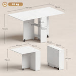 Table pliante de cuisine salle à manger amovible sur roulettes 75L x 140l x 74H cm blanc