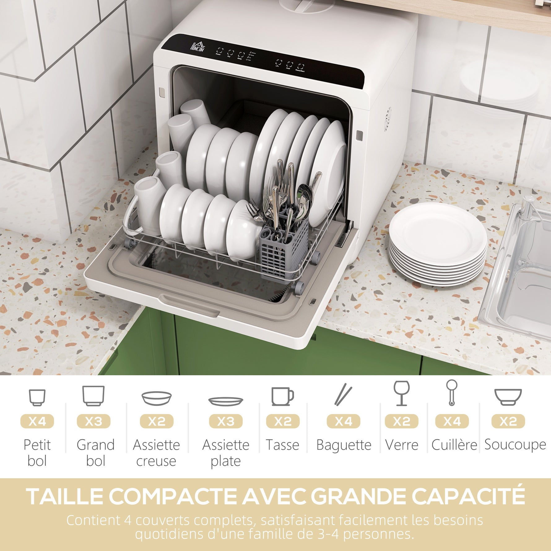 Mini lave-vaisselle 4 couverts 5 programmes réservoir d'eau 6L commande tactile affichage LED 45 x 44 x 45,8 cm blanc