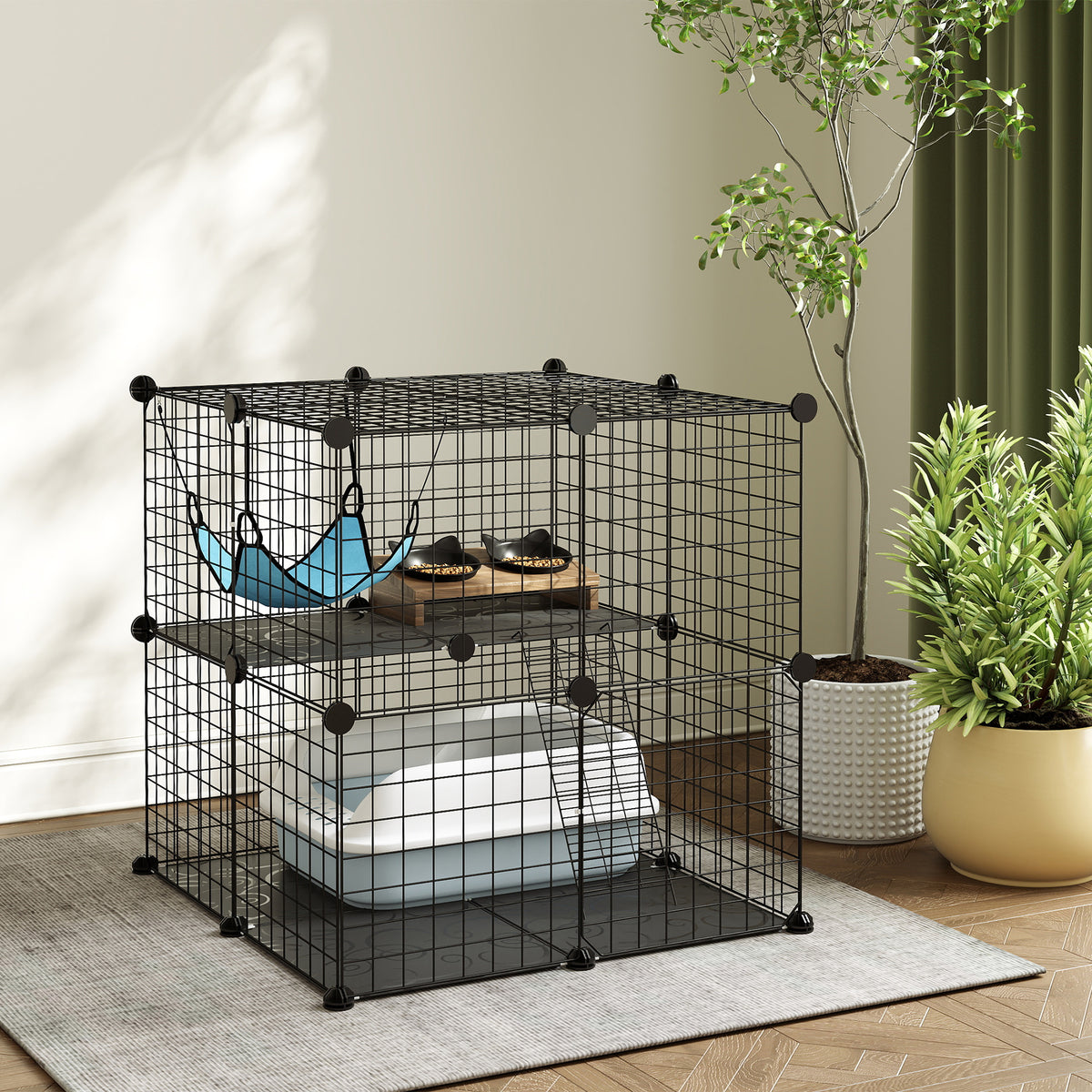 Cage Chat Intérieur Enclos Chat Modulable 2 Portes Hamac Échelle pour Petits Animaux de Compagnie 70x70x70cm Noir