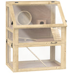 Cage Hamster Rongeur à 3 Niveaux, Fond Amovible, Cabane, Balançoire, 60x40x75cm, Finition Bois Naturel