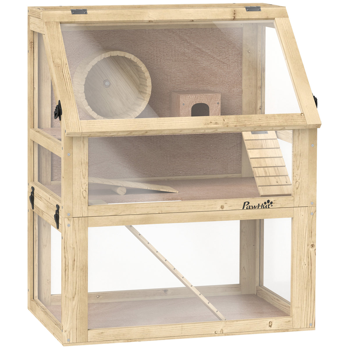 Cage Hamster Rongeur à 3 Niveaux, Fond Amovible, Cabane, Balançoire, 60x40x75cm, Finition Bois Naturel