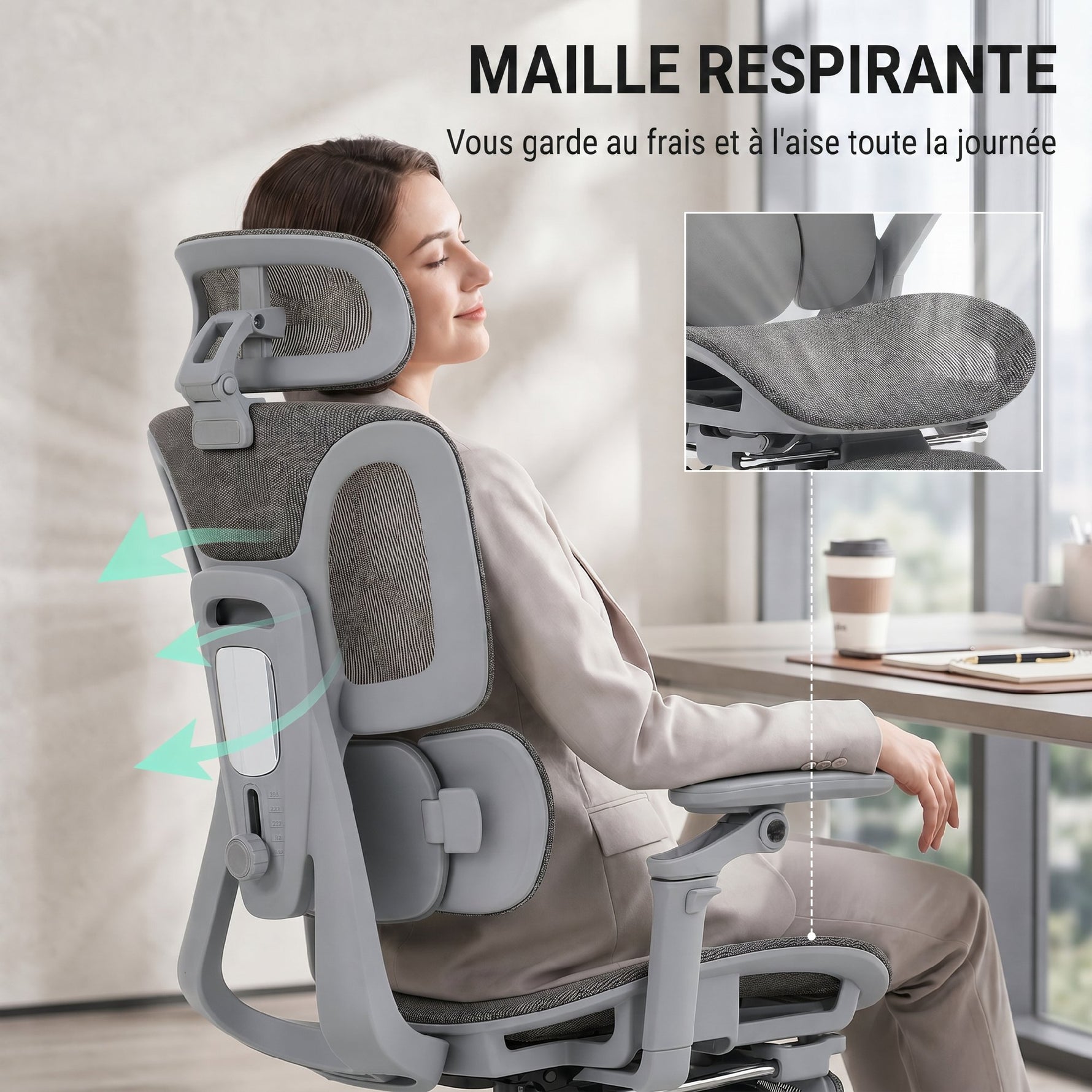 Chaise Bureau Ergonomique avec Accoudoirs 6D Appui-Tête et Profondeur d'Assise Réglables Maille Gris