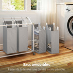 Panier à linge mobile, chariot linge sale, corbeille à roulettes avec 4 sacs amovibles, 4 x 40L, 97 x 38 x 81 cm, gris