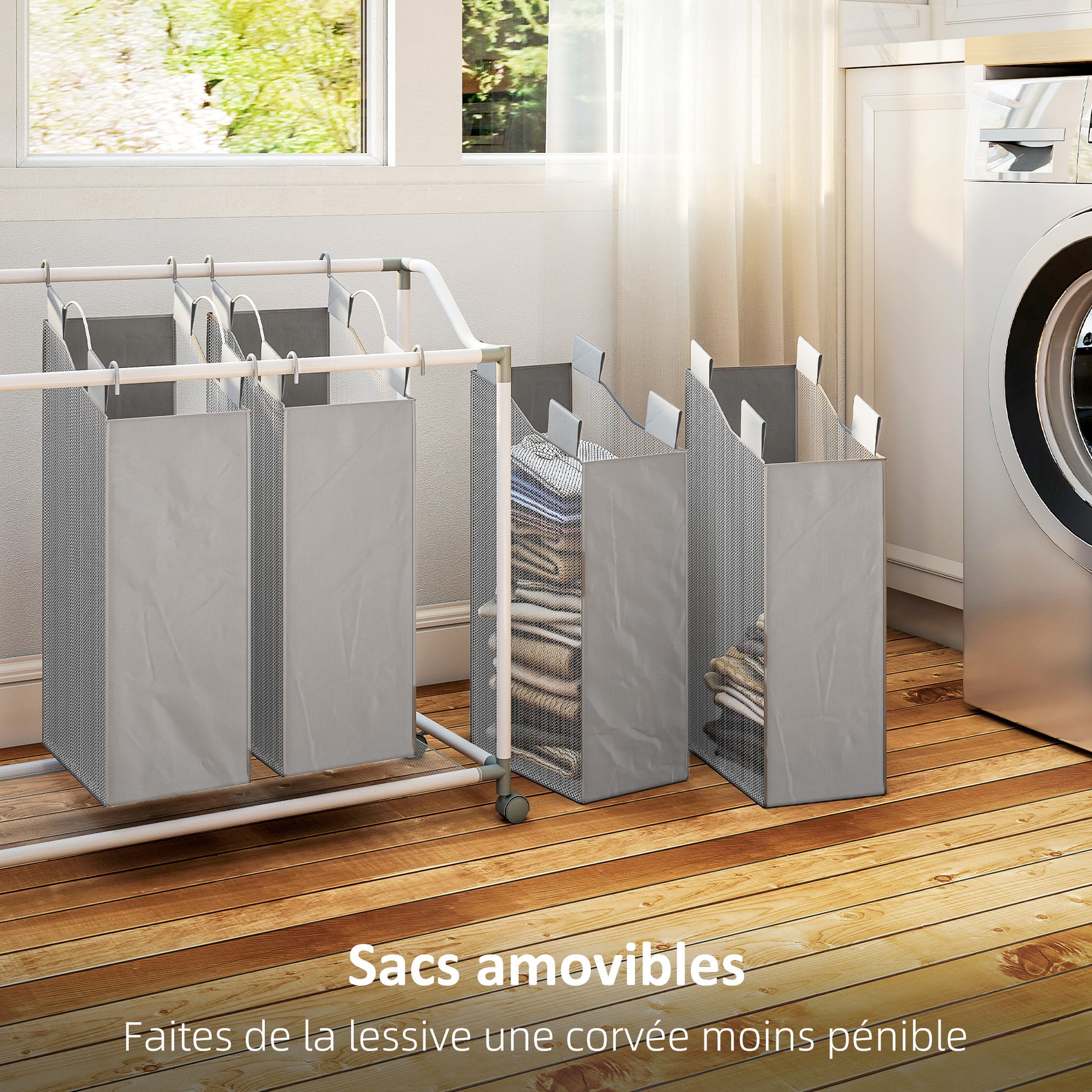 Panier à linge mobile, chariot linge sale, corbeille à roulettes avec 4 sacs amovibles, 4 x 40L, 97 x 38 x 81 cm, gris