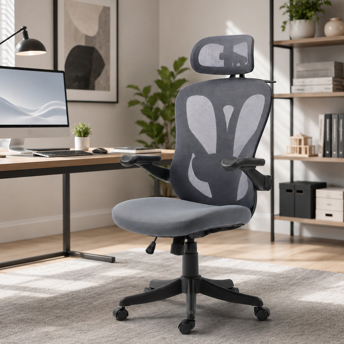 Chaise Bureau Ergonomique avec Accoudoirs 3D et Appui-Tête Réglable, Fauteuil de Bureau en Maille, Gris