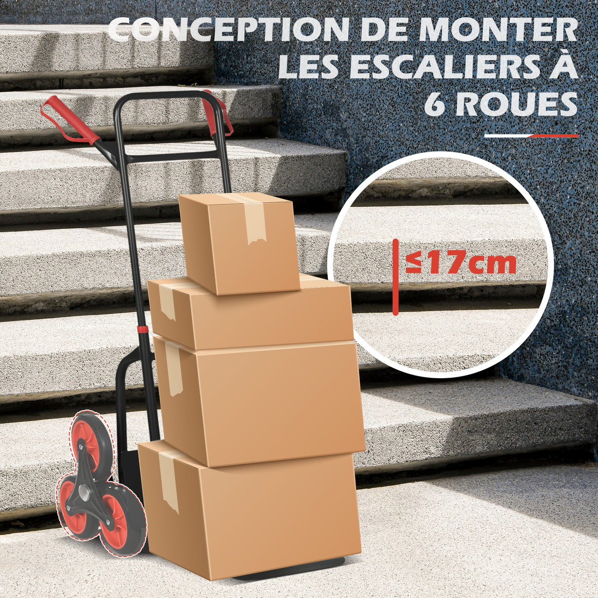Diable d'escalier pliable 120 kg 6 roues, diable demenagement en acier avec cordes télescopiques, 44x67x106,5cm, rouge