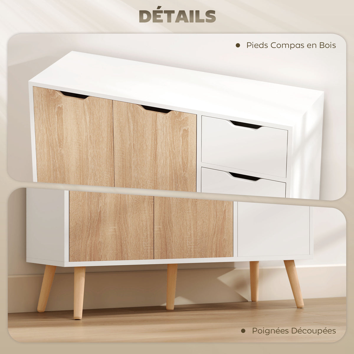Dressoir Scandinavisch design 2 kasten schuiflade massief grenenhouten poten spaanplaat wit licht eiken