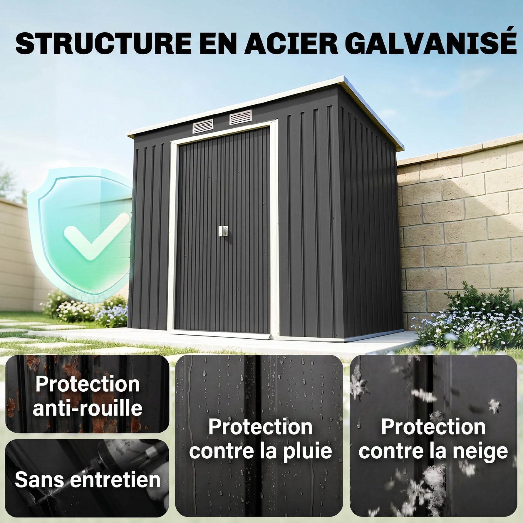 Abri de jardin 2,77 m² 213 x 130 x 172 cm kit de fondation porte coulissante ventilations acier galvanisé gris foncé