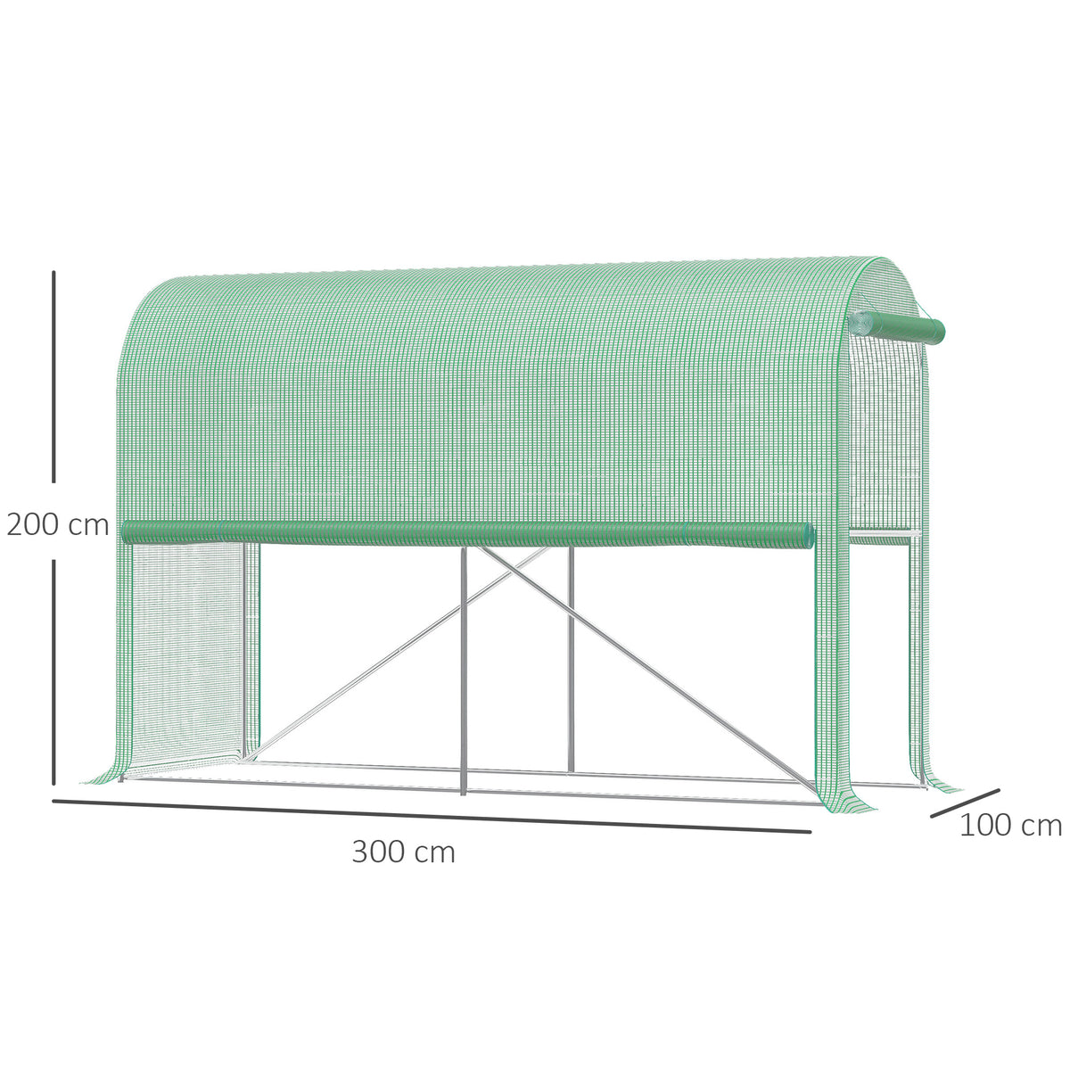 Serre de jardin PE, serre de balcon, bâche renforcée 140 g/m², châssis en acier, porte zippée enroulable, pour légumes plantes fleurs, intérieur et extérieur, 300 x 100 x 200 cm, vert