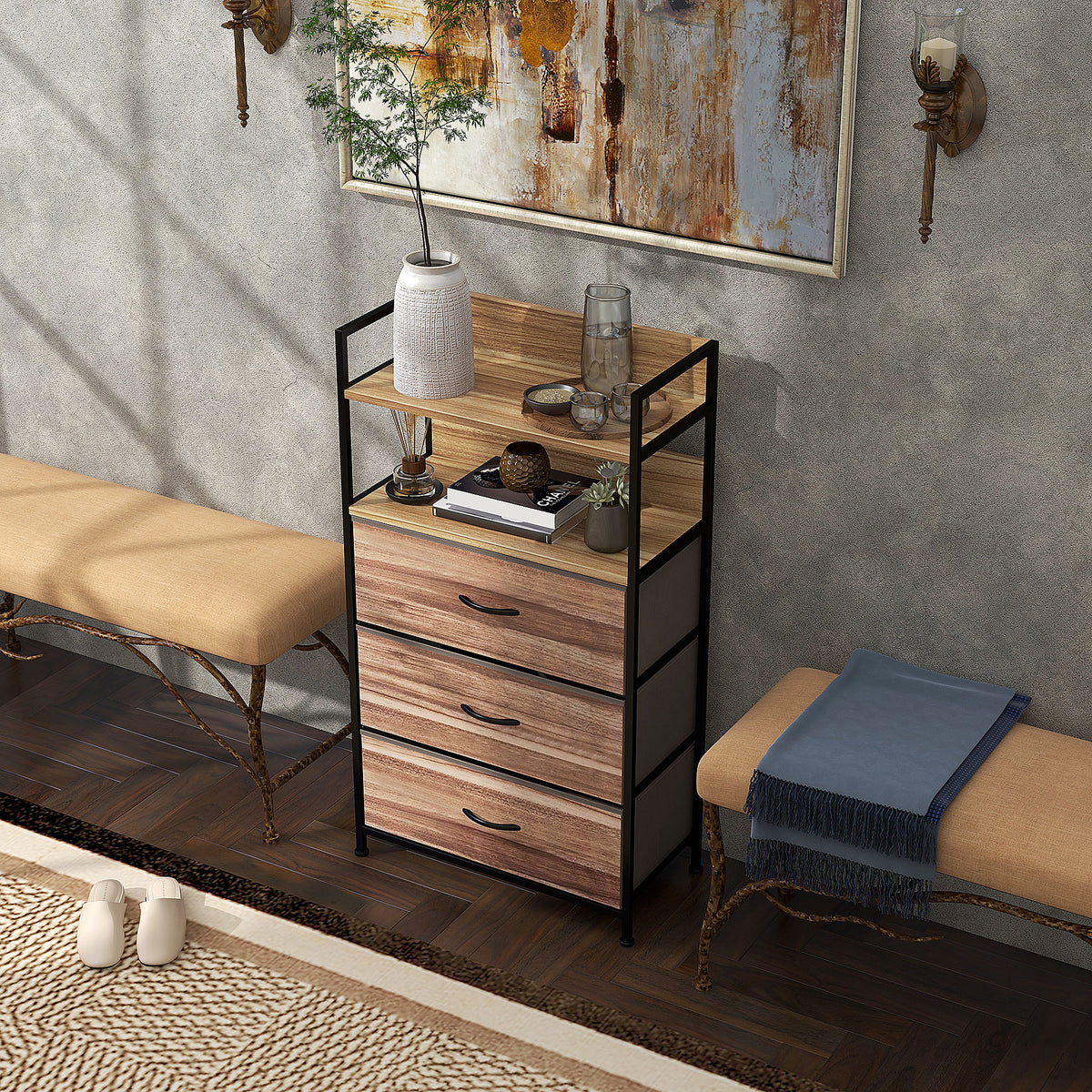Meuble de rangement style industriel commode 3 tiroirs en tissu amovibles et 2 étagères - 60 x 29 x 101cm - MDF et métal