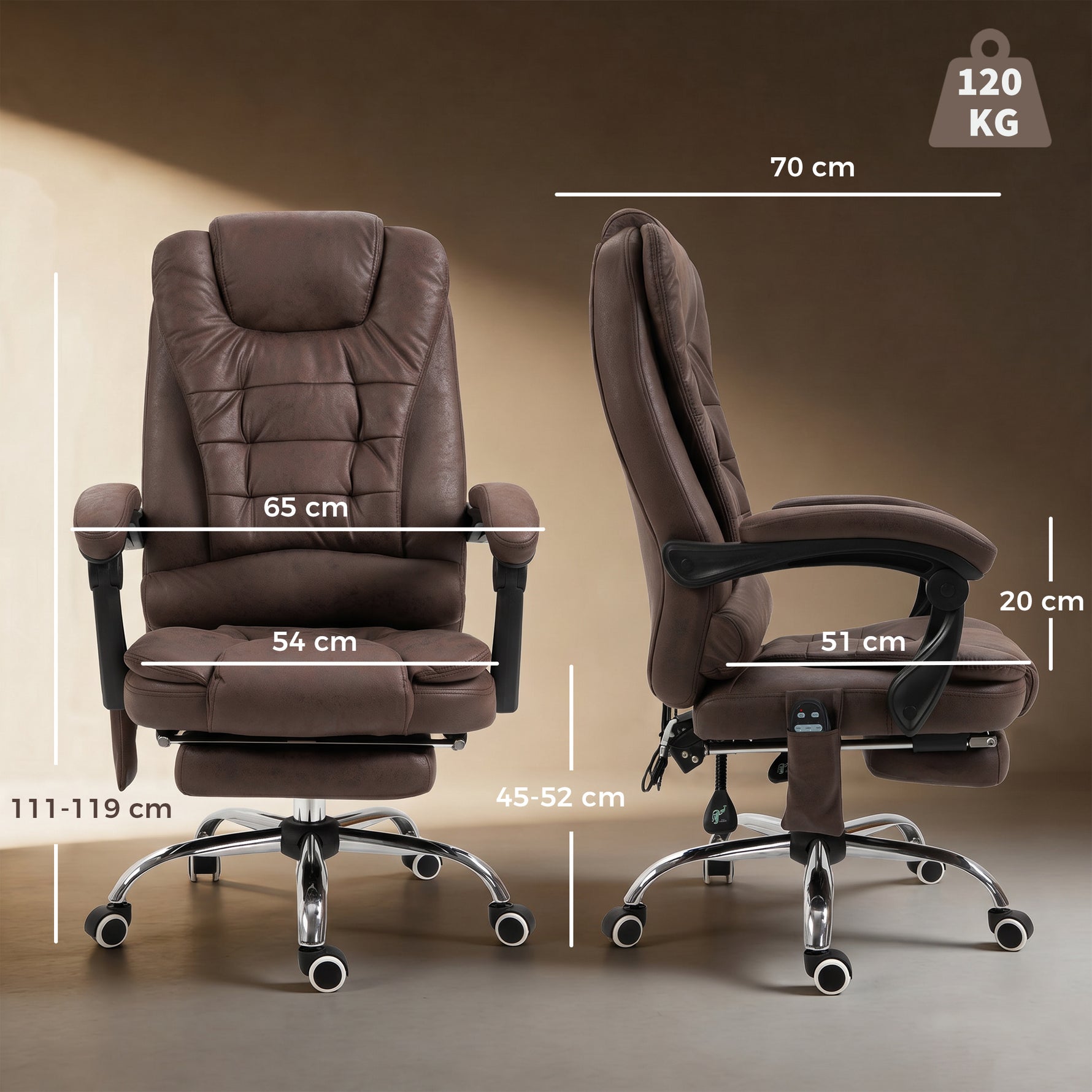 Fauteuil de bureau direction massant chauffant hauteur réglable dossier inclinable toile de microfibre marron
